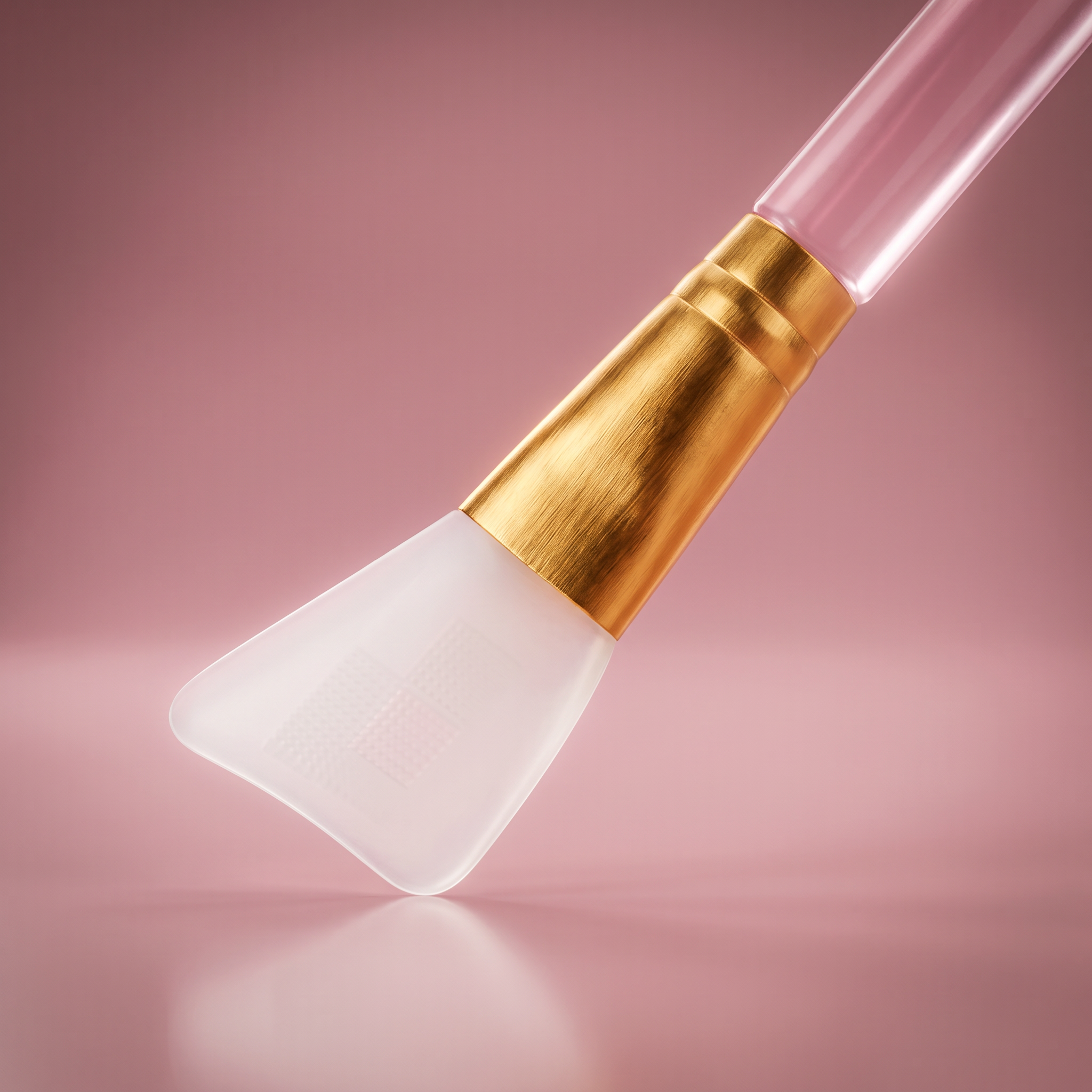 Silicone applicator brush with a pink handle and gold ferrule
